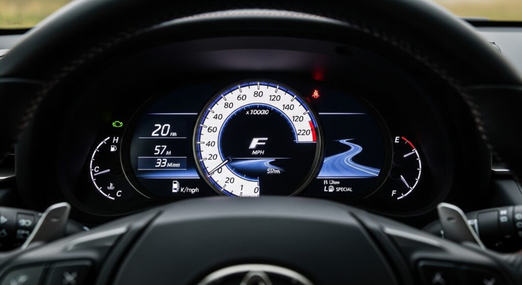 Close-up shot of the illuminated, LFA-inspired digital gauge cluster in the Lexus IS F Sport.