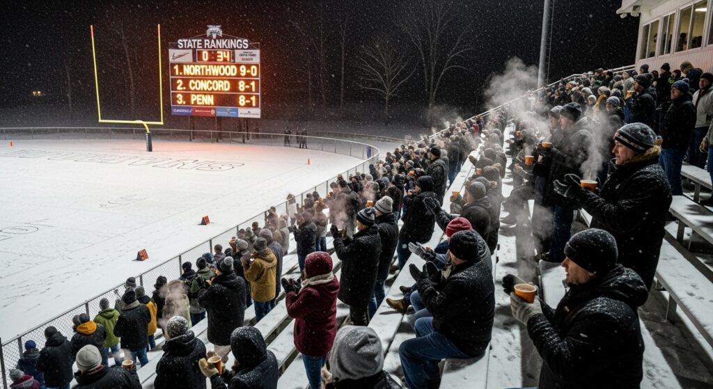 Snowy Indiana high school football stadium with glowing scoreboard showing rankings, fans bundled in winter gear, and steaming cocoa in the stands