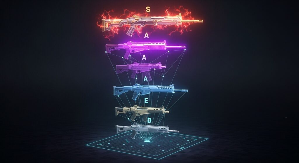 Fortnite weapon tier list as a glowing 3D holographic display.