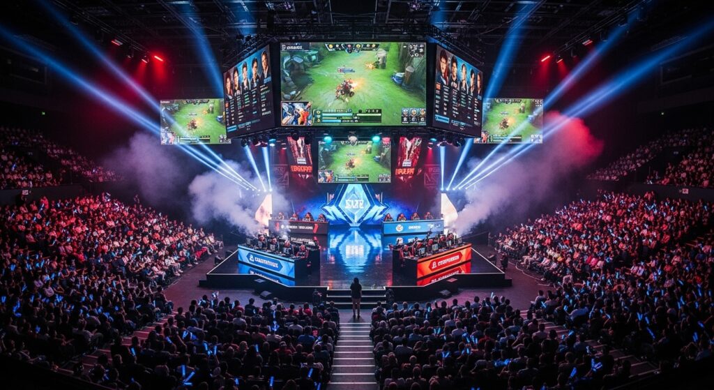 A packed esports arena during a live tournament, showing the main stage with players and giant screens broadcasting the game. This image captures the scale of esports live coverage.
