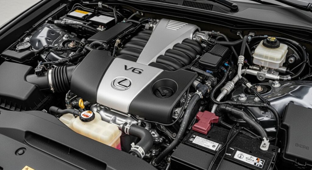 Close-up of the clean, naturally aspirated Lexus 3.5L V6 engine bay.
