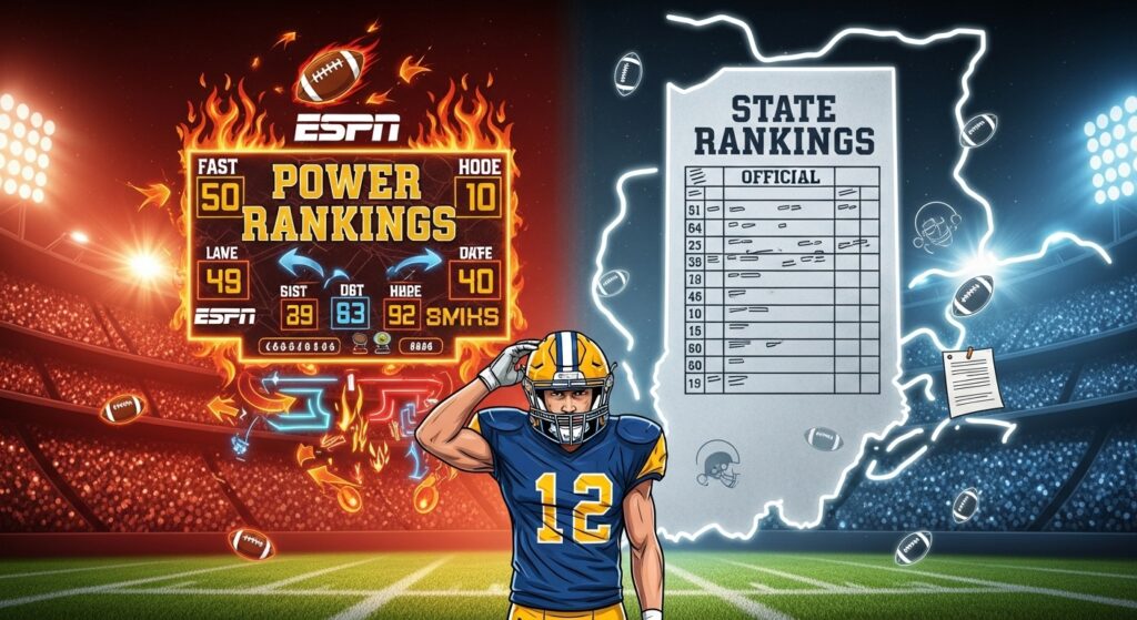 Illustration of Indiana high school football rankings showing clash between flashy power rankings and traditional state rankings