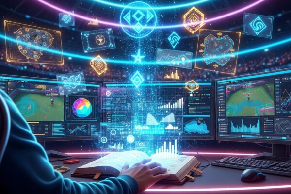 Futuristic esports analyst with glowing holographic charts and magical spellbook unlocking match analysis insights
