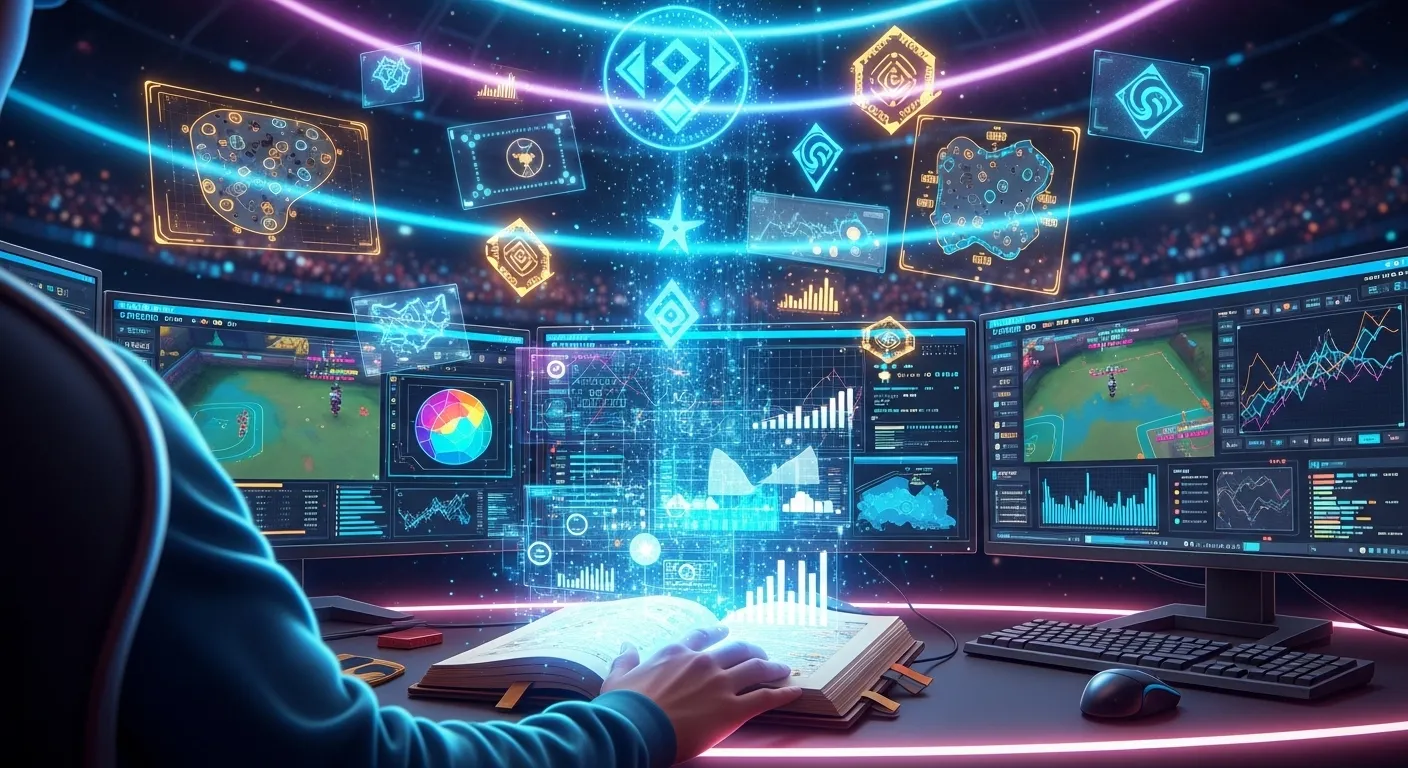 Futuristic esports analyst with glowing holographic charts and magical spellbook unlocking match analysis insights
