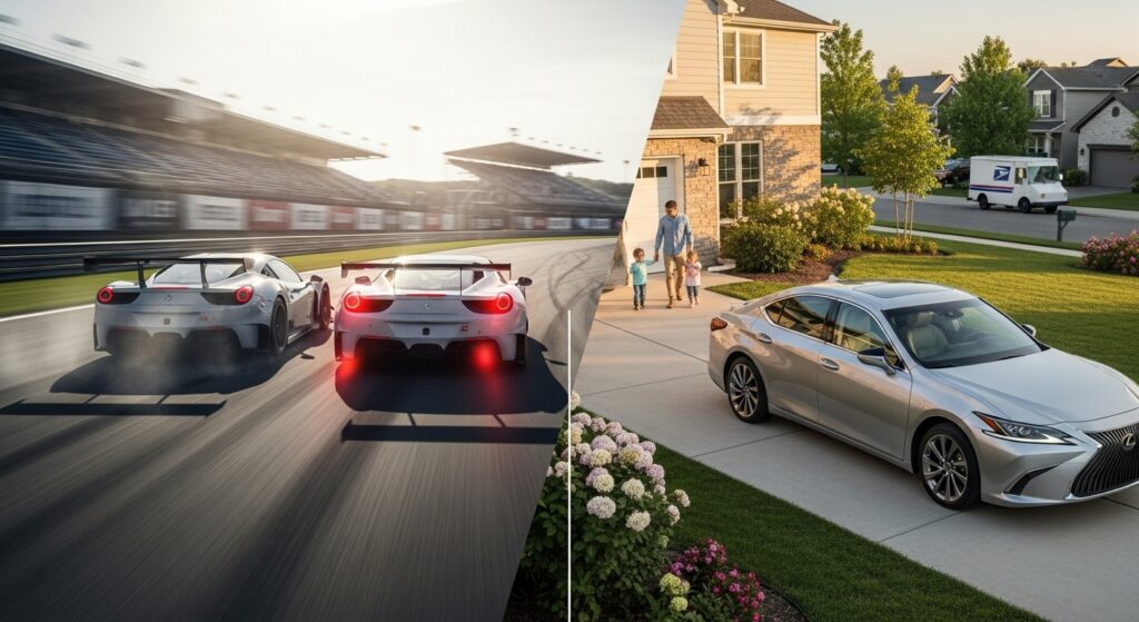 Split image contrasting rivals' track speed with the Lexus's calm, daily-driver reliability.