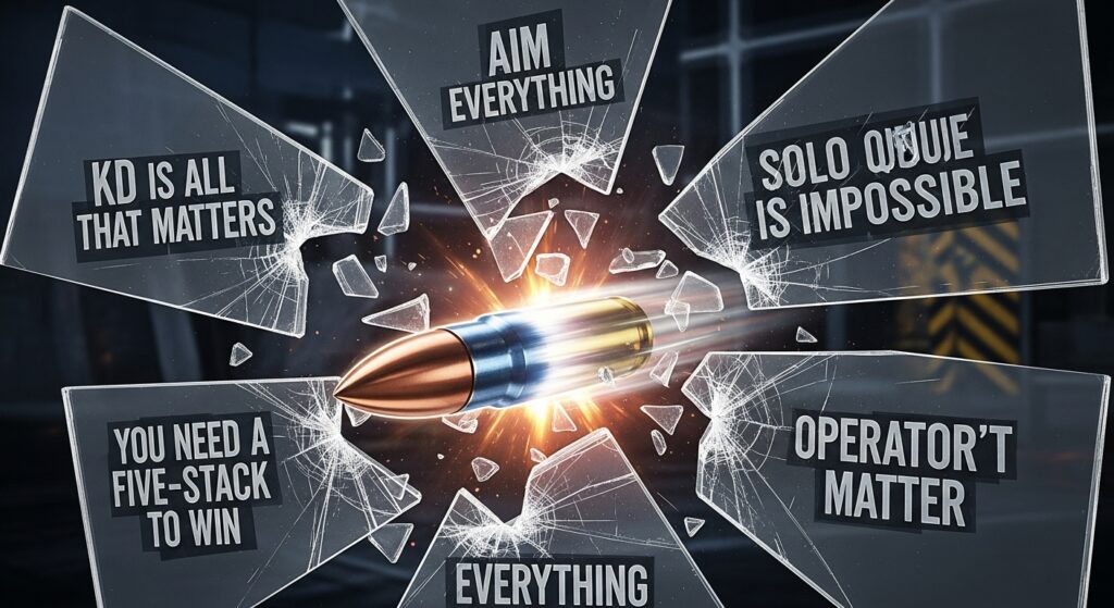 A stylized bullet shattering common Rainbow Six Siege rank myths like "KD is all that matters."