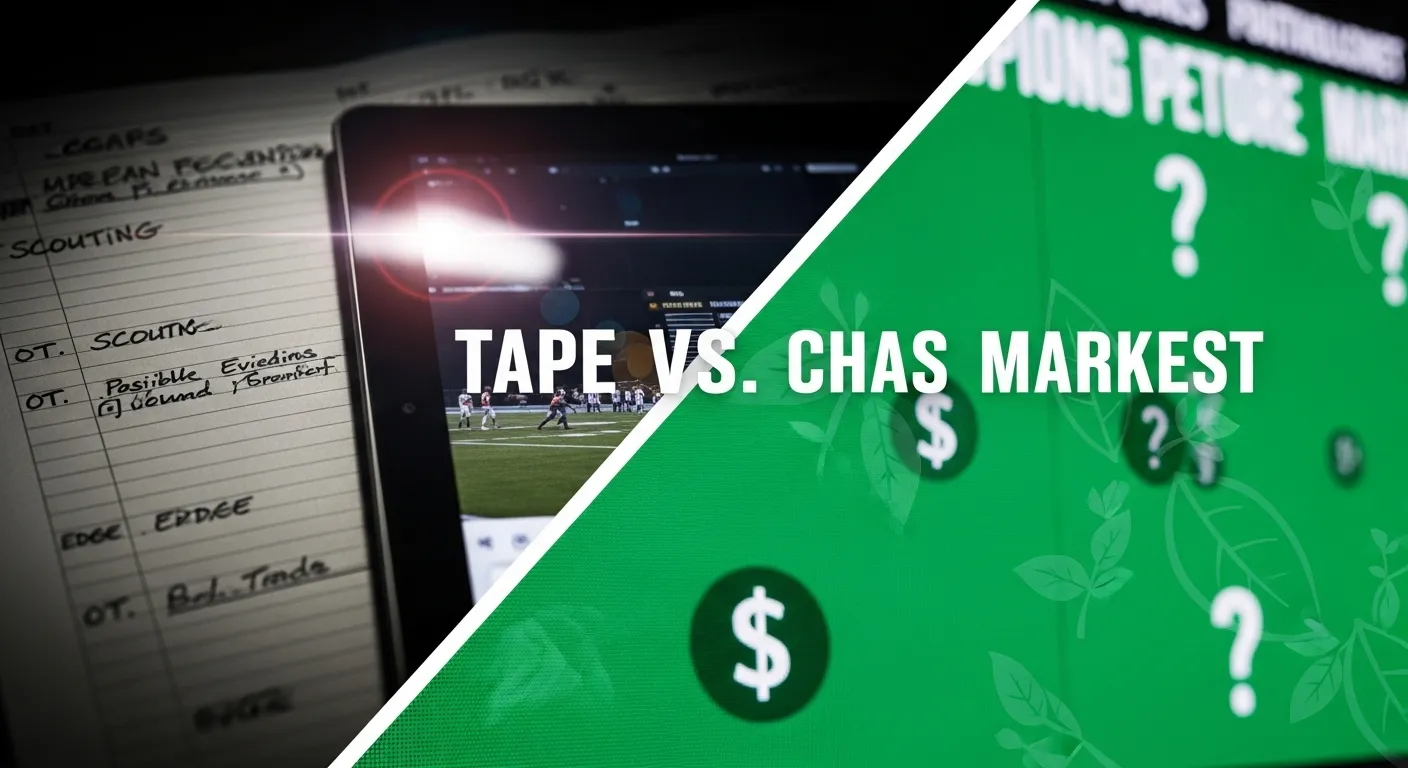 Split image contrasting a handwritten scouting notebook with a chaotic betting market screen for an NFL mock draft.