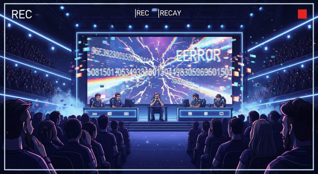 Esports gaming event recap illustration showing arena screens glitching with pixel errors during a live match, capturing the funny side of technical issues
