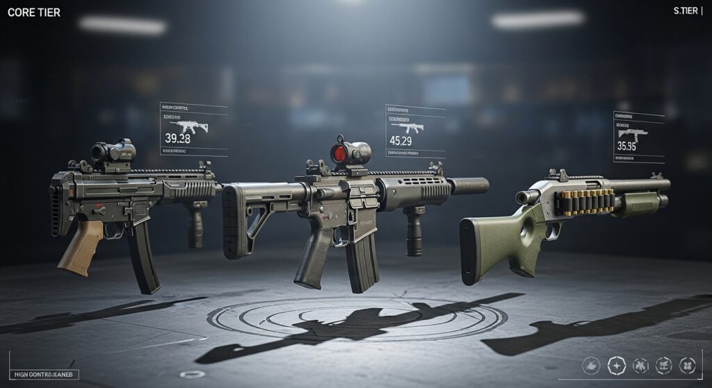 Visual representation of the S-Tier core loadout: Red-dot AR, High-control SMG, and close-range shotgun.