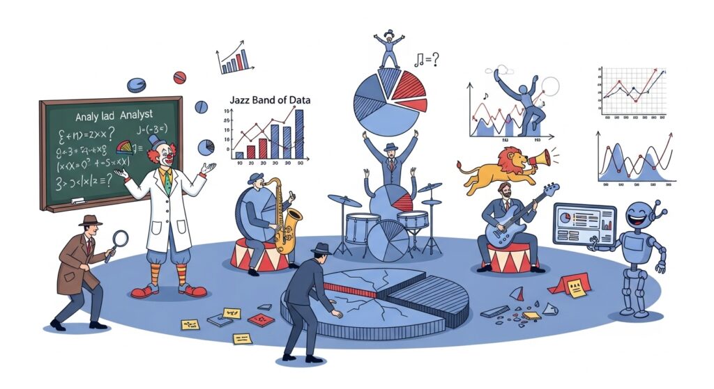 Whimsical data circus illustration with performers using bar charts, pie charts, and graphs as props to show the funny side of analysis