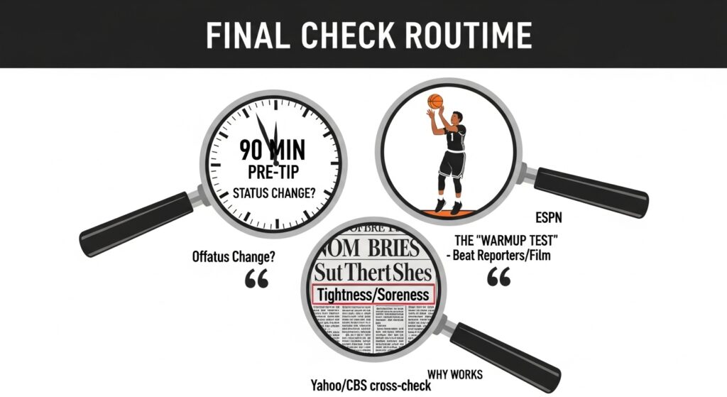 Graphic showing three magnifying glasses symbolizing the final 90-minute pre-tip injury status check and information triangulation.