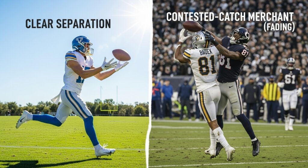 Graphic contrasting a wide receiver with clear separation vs. a contested-catch merchant labeled as fading.