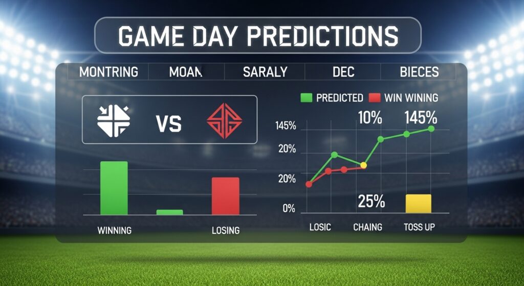 esports live coverage
Bar or line chart comparing predicted scores or win probabilities for two teams.

Team icons/logos represented as minimalist shapes (not real logos to avoid copyright).

Bold “Game Day Predictions” title at the top like a digital display.

Optional extra: arrows or percentage numbers showing chances of winning.

🎨 Style suggestion:

Flat design or 3D animated chart look.

Vibrant colors like green (for winning probability), red (for losing chance), and yellow (for toss-up).

game day predictions chart