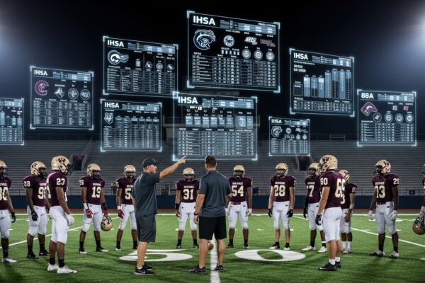 High school football players and coach on field with floating 1A-8A IHSA rankings and charts under stadium lights