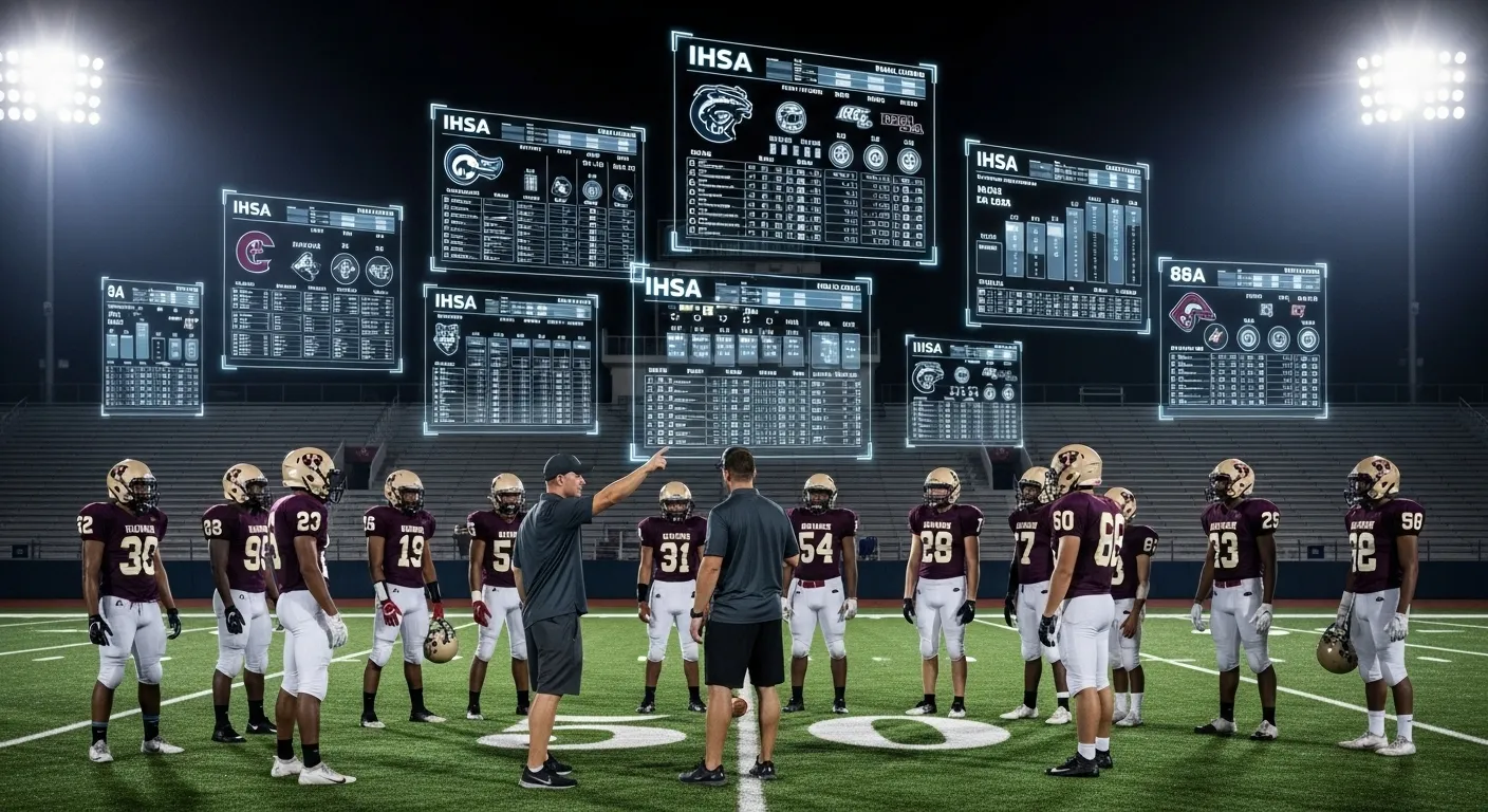 High school football players and coach on field with floating 1A-8A IHSA rankings and charts under stadium lights