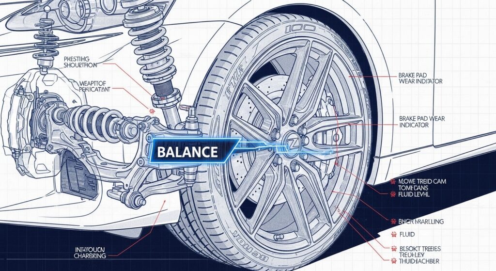 Blueprint showing Lexus IS F Sport wheel and suspension highlighted with focus on "Balance" and essential maintenance.