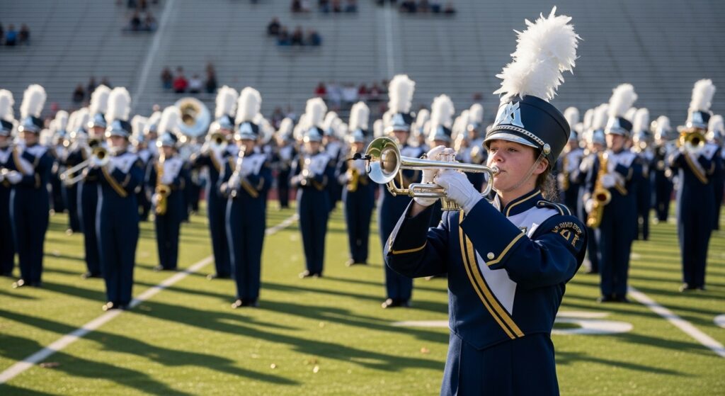 The high school marching band playing with energy to support their Kansas high school football team.