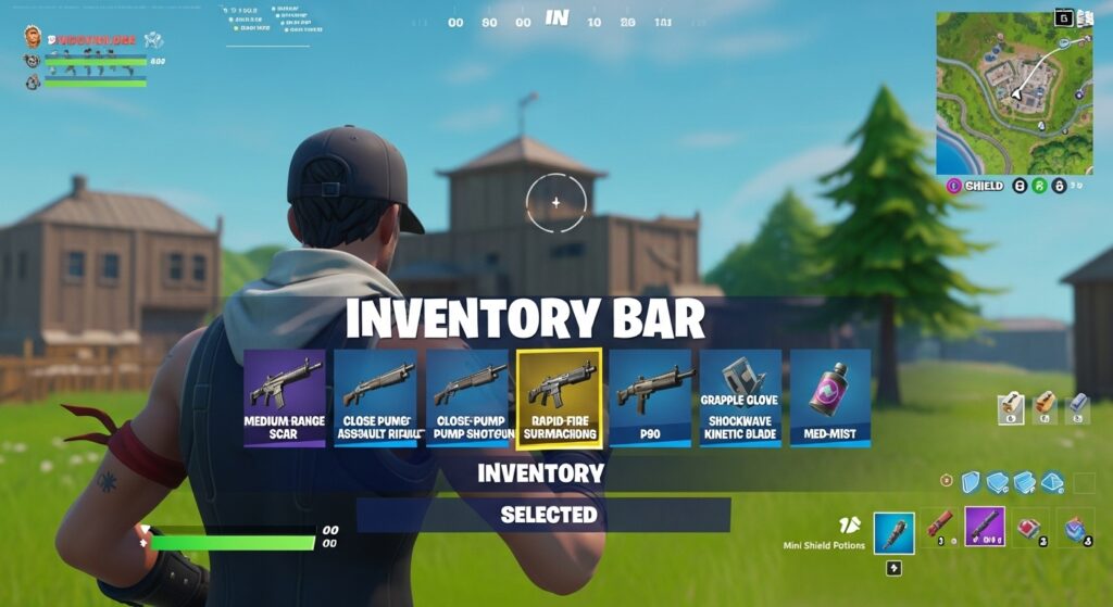 Fortnite Zero Build loadout example with AR, Shotgun, SMG, mobility, and healing items.