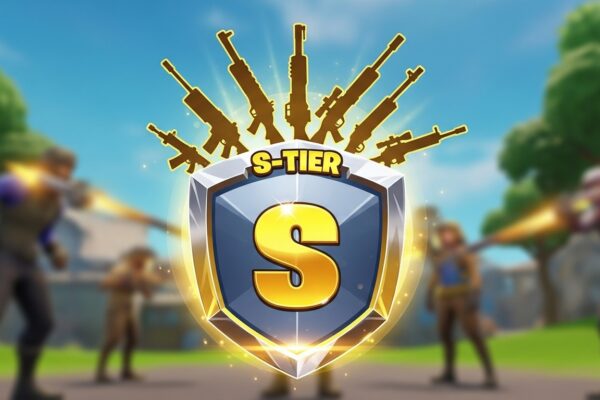 Stylized Fortnite S-Tier emblem with weapon silhouettes for an expert weapon ranking.