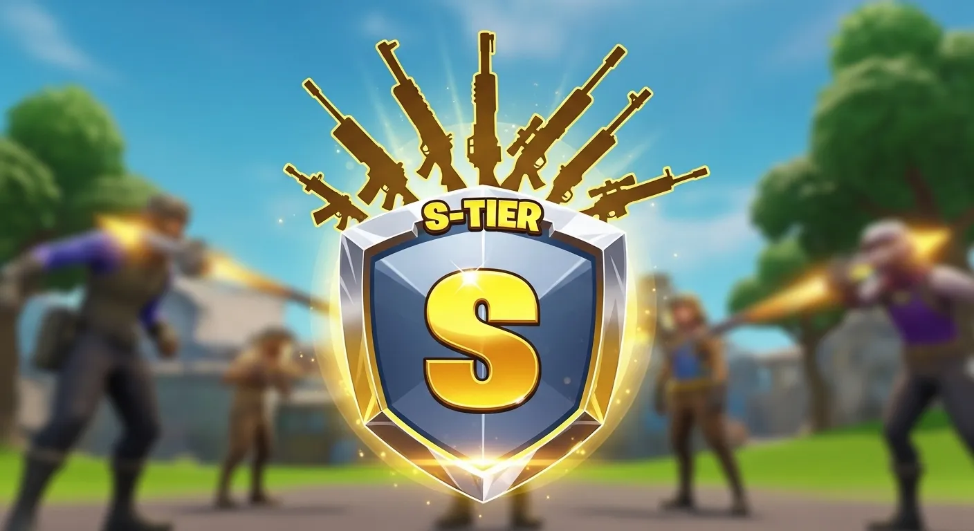 Stylized Fortnite S-Tier emblem with weapon silhouettes for an expert weapon ranking.