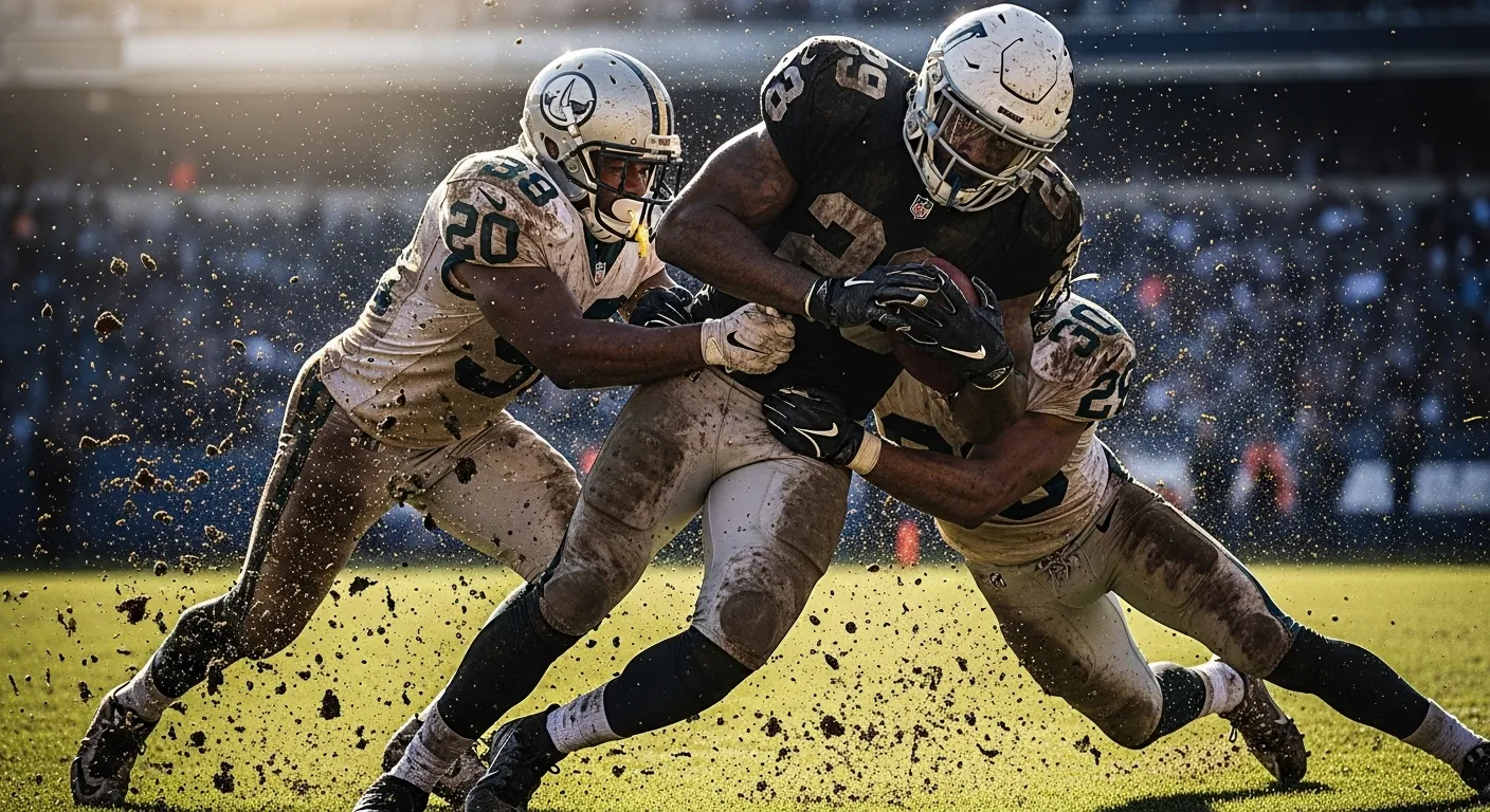 A Kansas high school football running back is tackled by two opponents during an intense Friday night game.