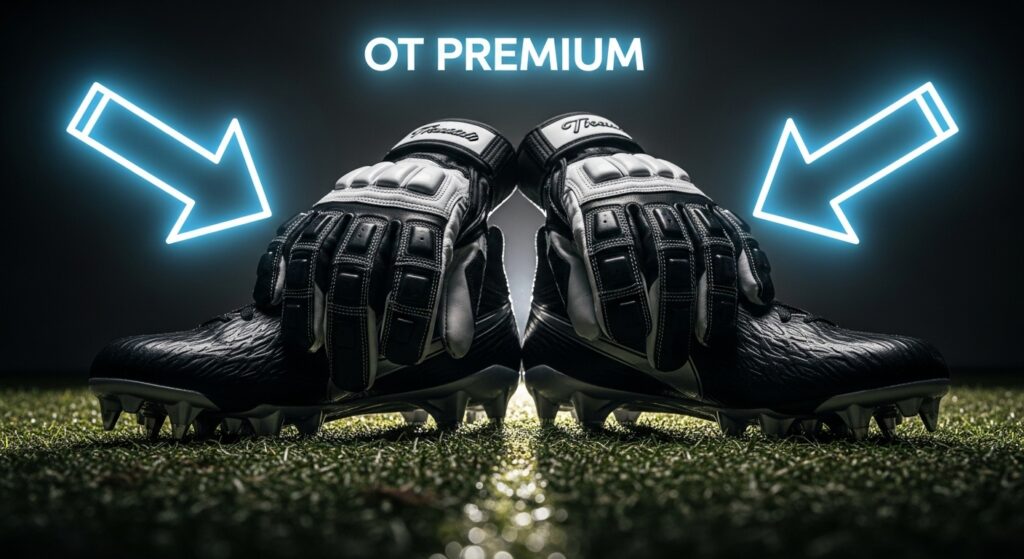 Low-angle photo of lineman gloves and cleats with neon arrows pointing to high "OT Premium" value.