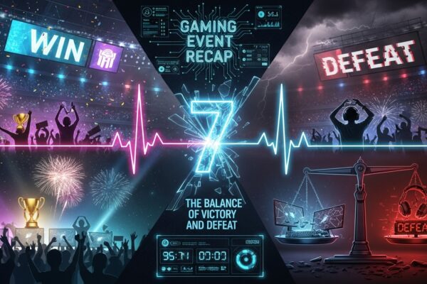 Futuristic esports gaming event recap artwork showing shocking highs with victory celebrations and crushing lows with defeat in a split arena design
