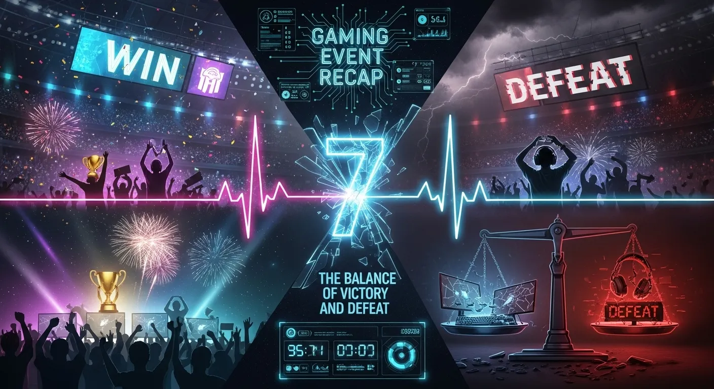 Futuristic esports gaming event recap artwork showing shocking highs with victory celebrations and crushing lows with defeat in a split arena design