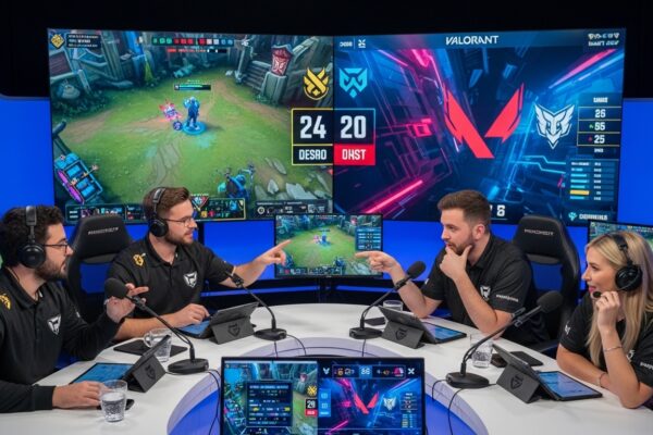 A team of professional commentators analyzing a match for an esports live coverage broadcast, sitting at a studio desk with monitors in the background.