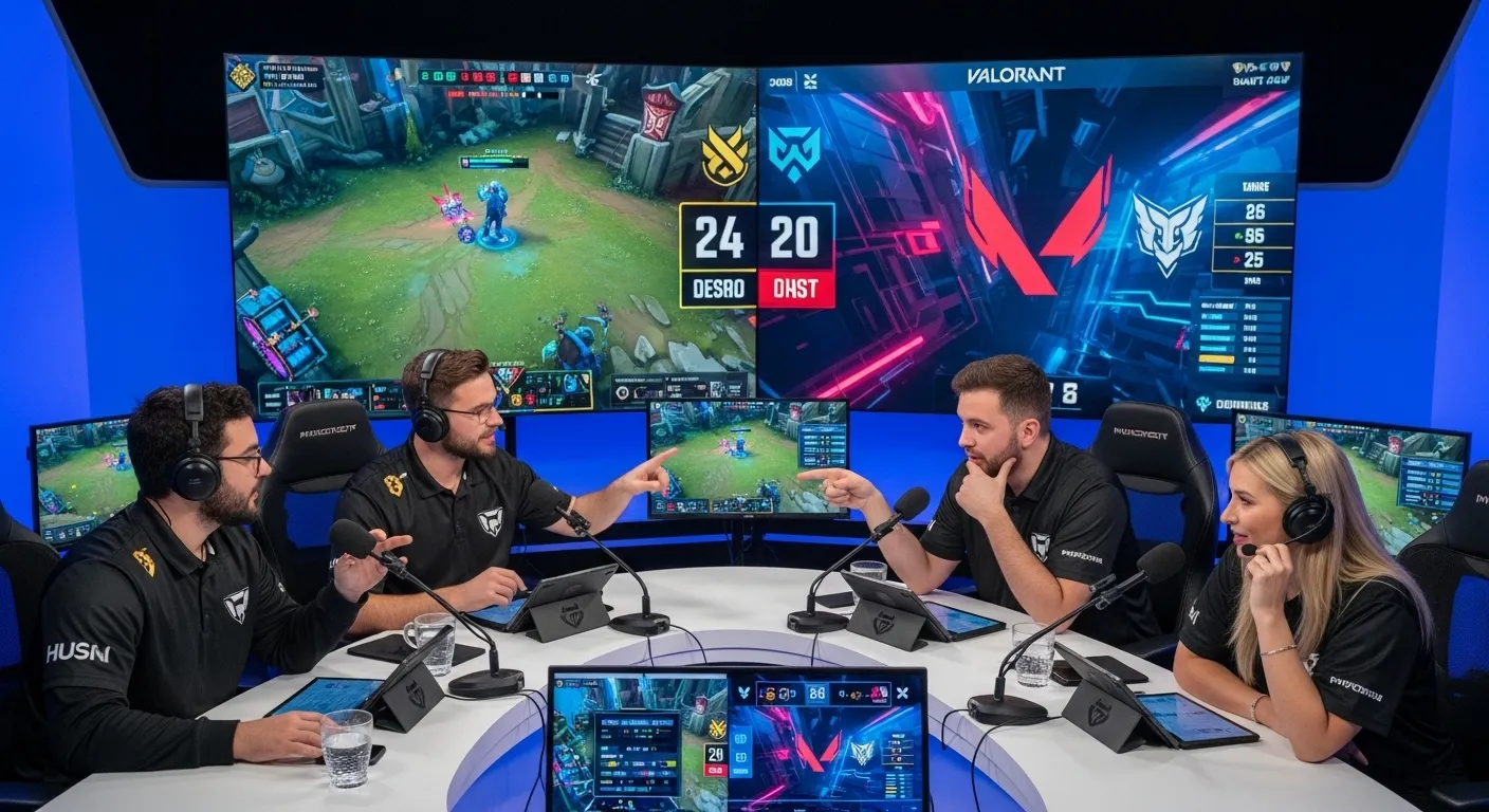A team of professional commentators analyzing a match for an esports live coverage broadcast, sitting at a studio desk with monitors in the background.