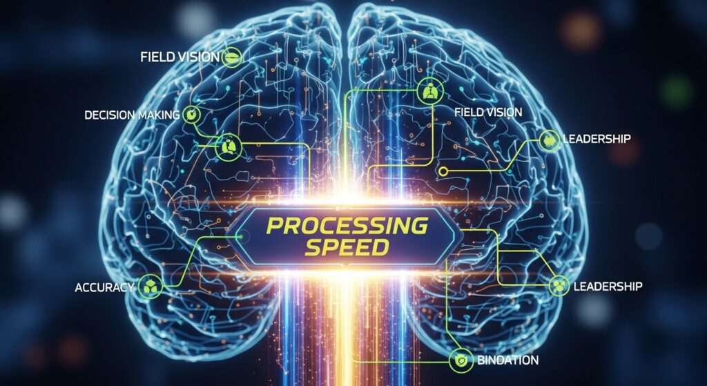 Stylized graphic of a QB's brain showing processing speed as the central, most important trait.