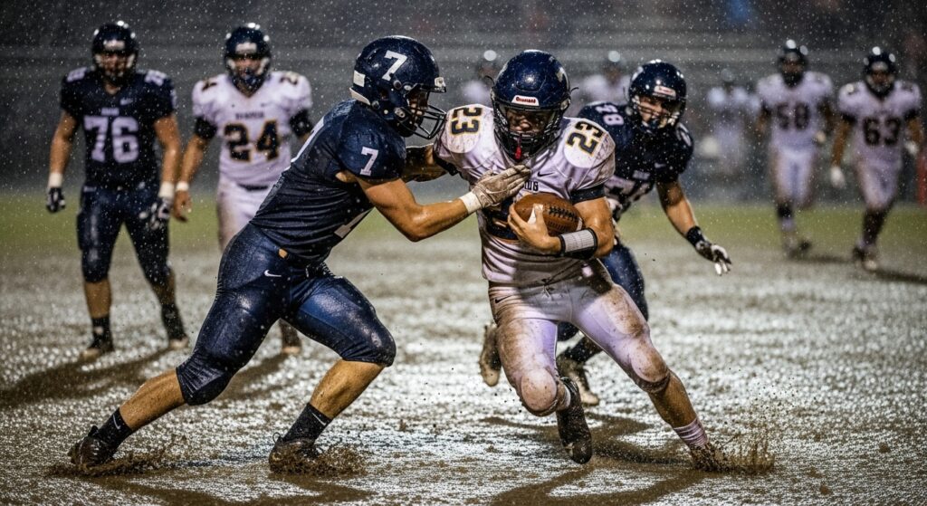 High school football players battling rain, mud, and harsh field conditions during a game, showing how weather impacts play