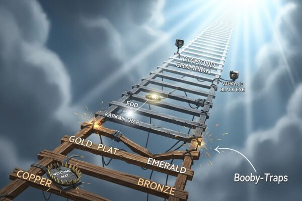 Stylized illustration of the Rainbow Six Siege rank ladder with visible traps and hazards.