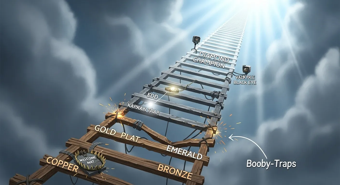 Stylized illustration of the Rainbow Six Siege rank ladder with visible traps and hazards.