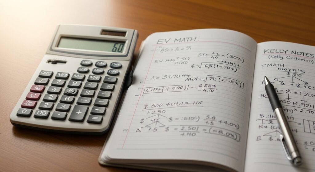 Sports betting math basics including EV, unit sizing, and Kelly calculations.
