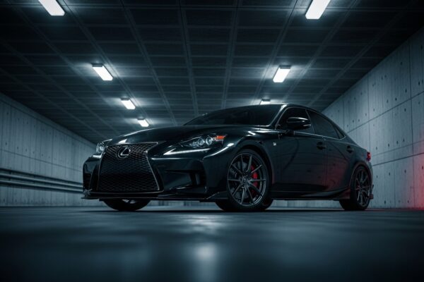 Dramatic, low-angle shot of a dark Lexus IS 350 F Sport in a stylized urban tunnel.