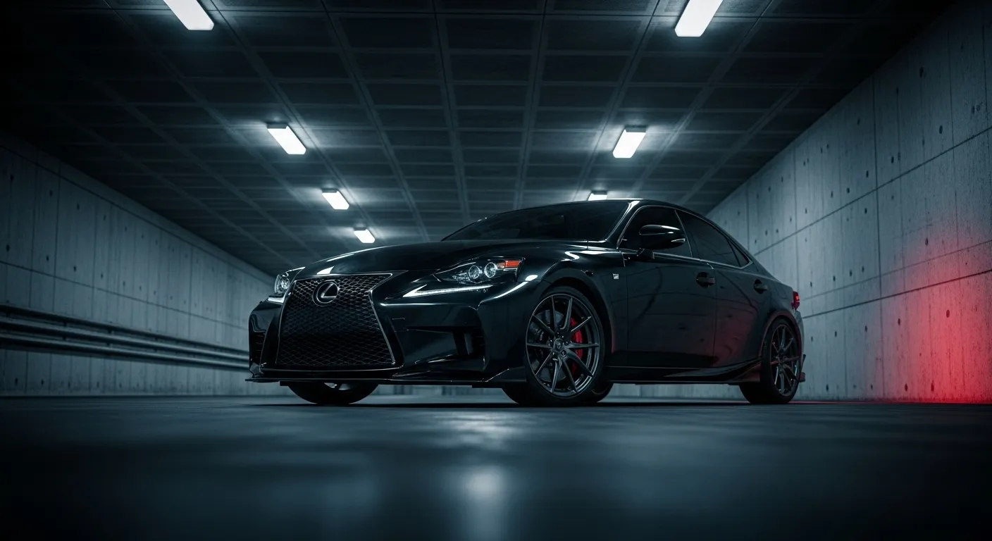 Dramatic, low-angle shot of a dark Lexus IS 350 F Sport in a stylized urban tunnel.