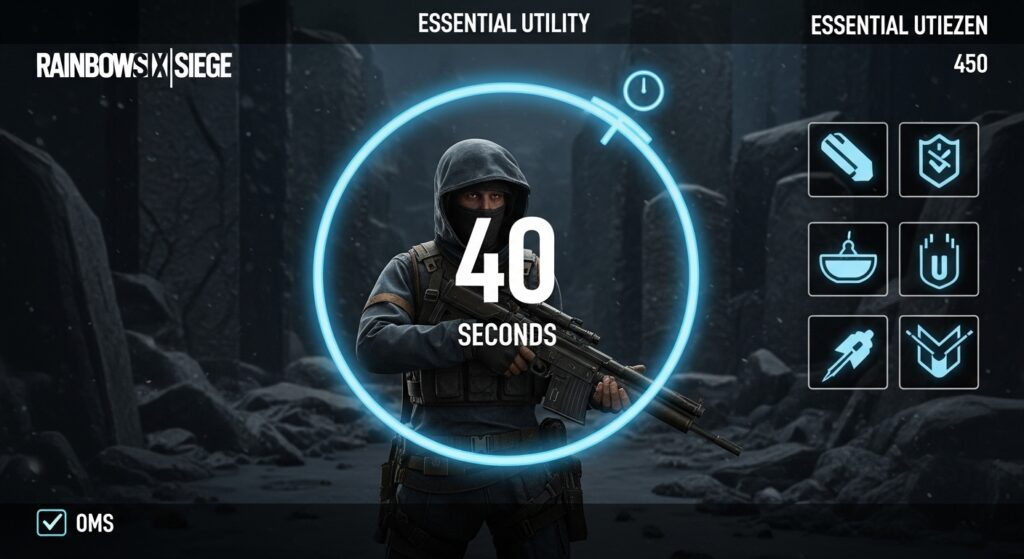 Dramatic close-up of the Rainbow Six Siege round timer frozen at 40 seconds with essential utility icons.