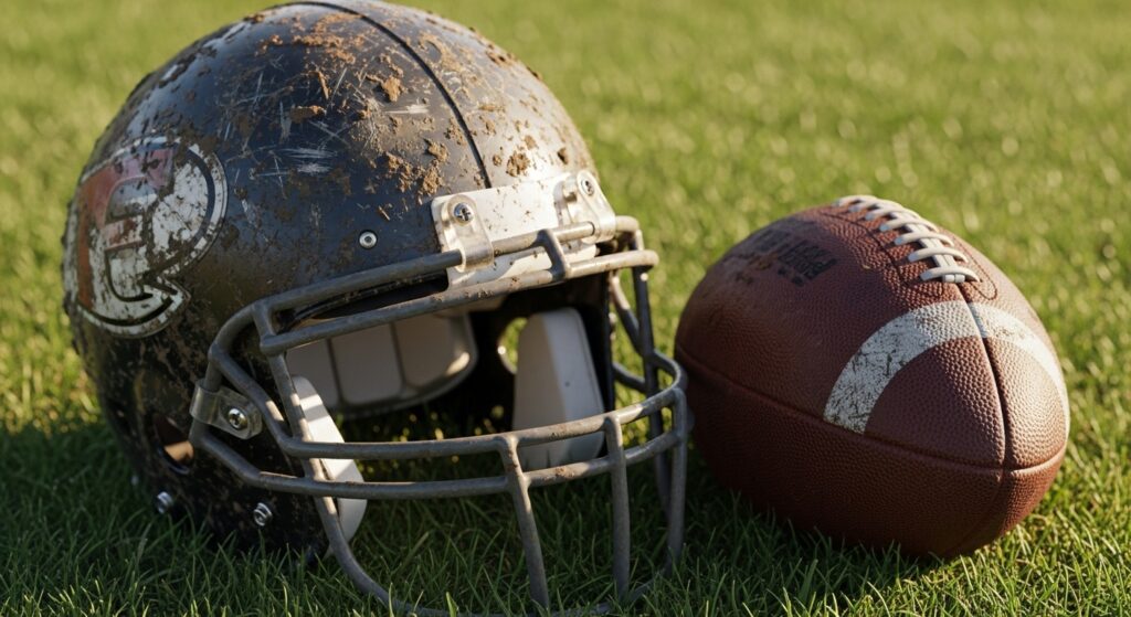 A close-up of a muddy and scuffed Kansas high school football helmet and ball on the sideline grass.