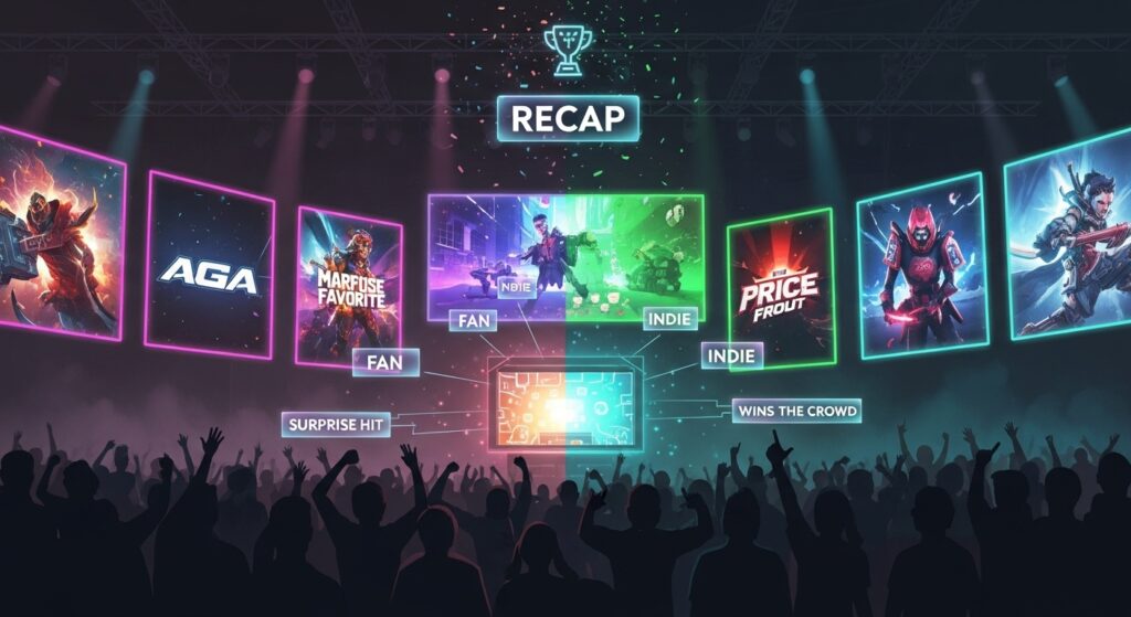 Gaming event recap illustration showing indie games in the spotlight stealing the show at a major esports-style event