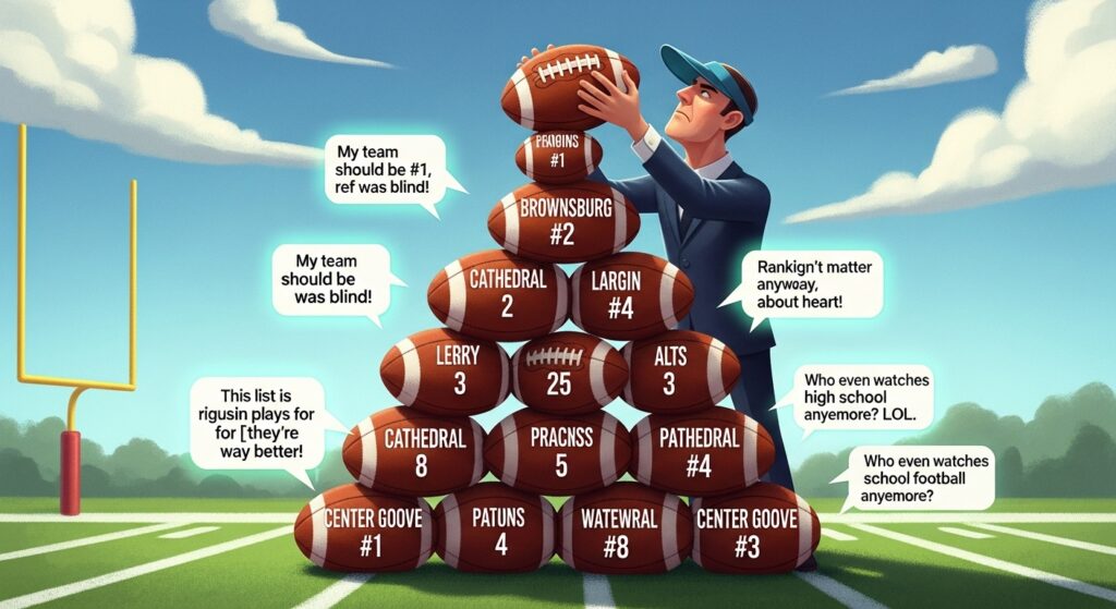Creative illustration of Indiana high school football rankings being carefully built with football blocks while ignoring humorous Facebook takes