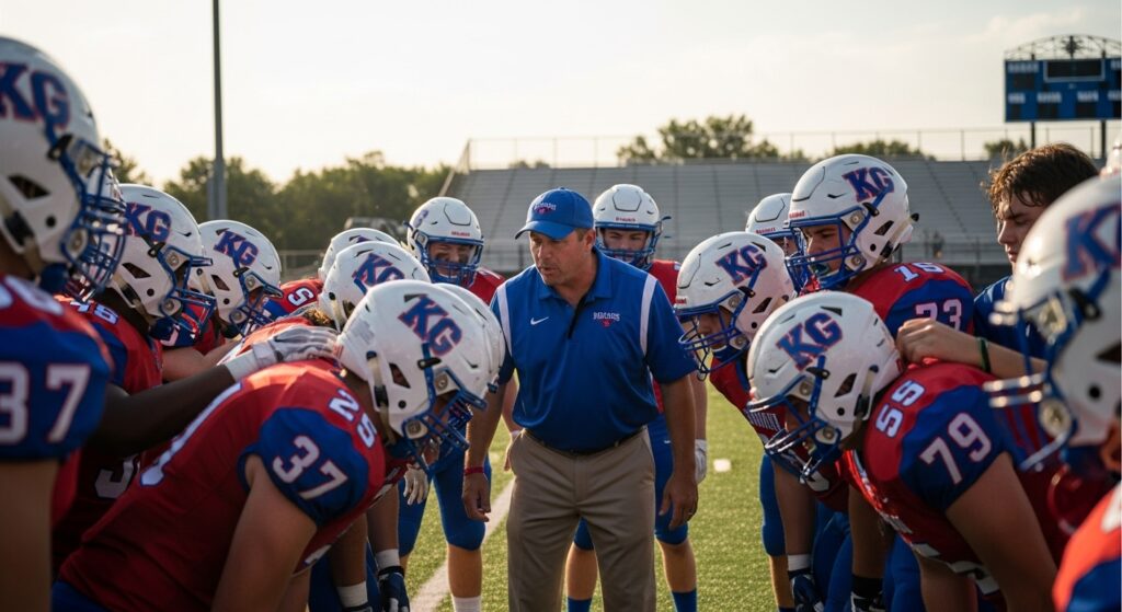 Kansas high school football players in a huddle with their coach, showing focus and team unity before a game.