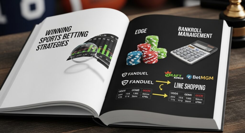 Core principles of winning sports betting strategy including edge, bankroll, and line shopping.
