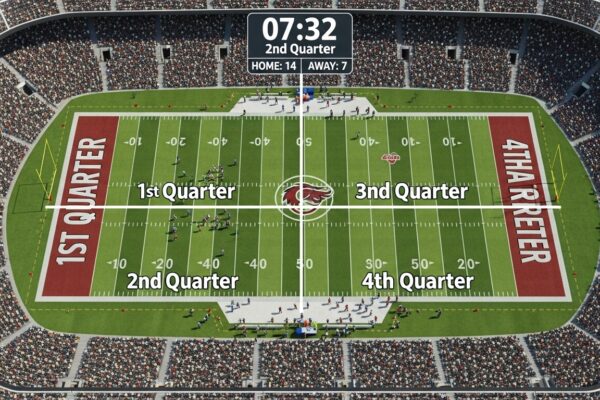 American football field diagram divided into four quarters with game clock overlay.