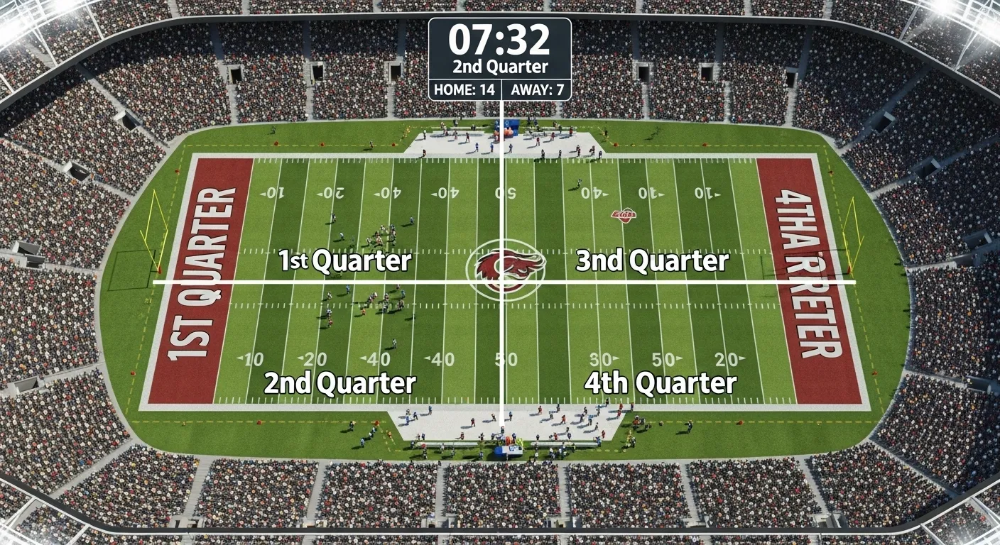 American football field diagram divided into four quarters with game clock overlay.