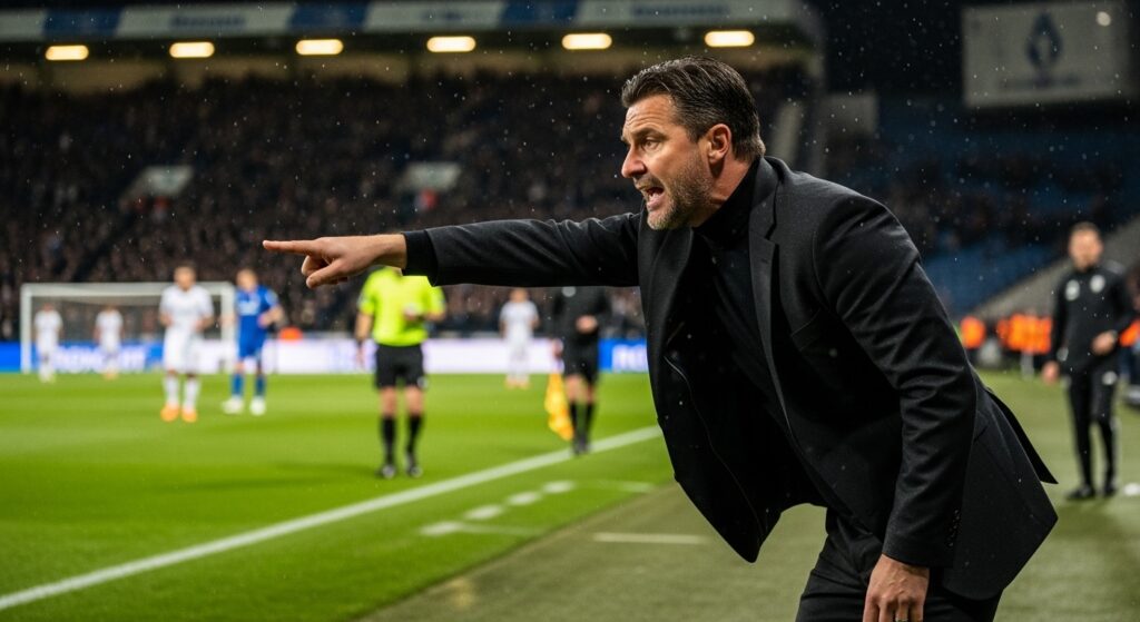 football manager instructing players from the sideline during a match