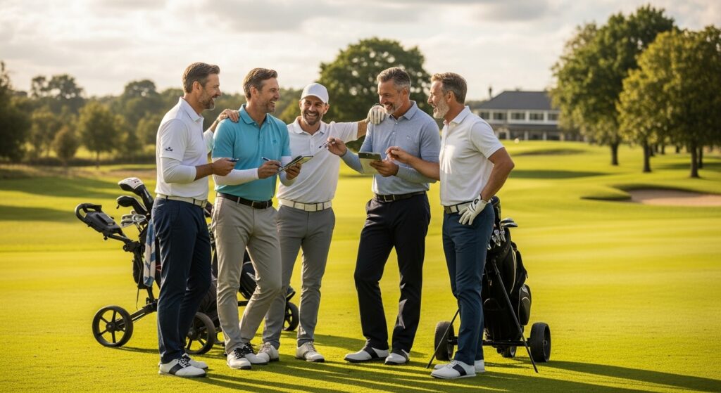 Golf group discussing and agreeing on betting game rules before starting round.