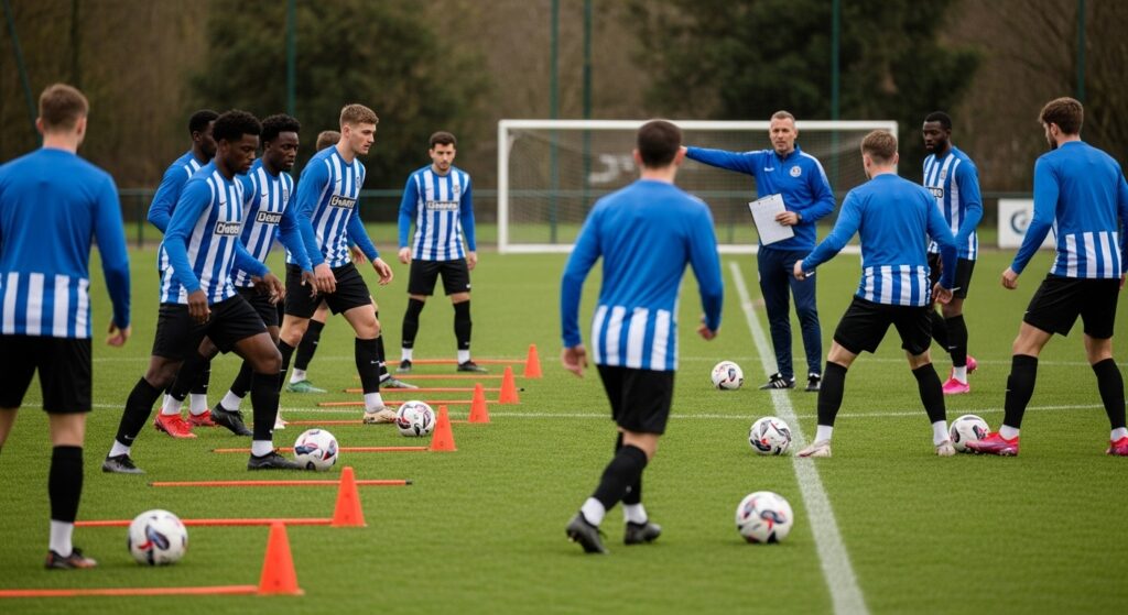 youth soccer players practicing formation transition from 3-2-3 to 2-3-3 during session