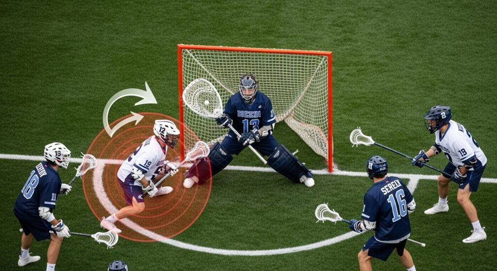 Illustration of lacrosse crease violation near the goal area.