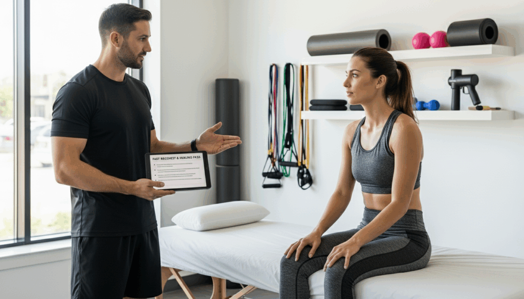 Coach explaining fast recovery and healing FAQs to client during session